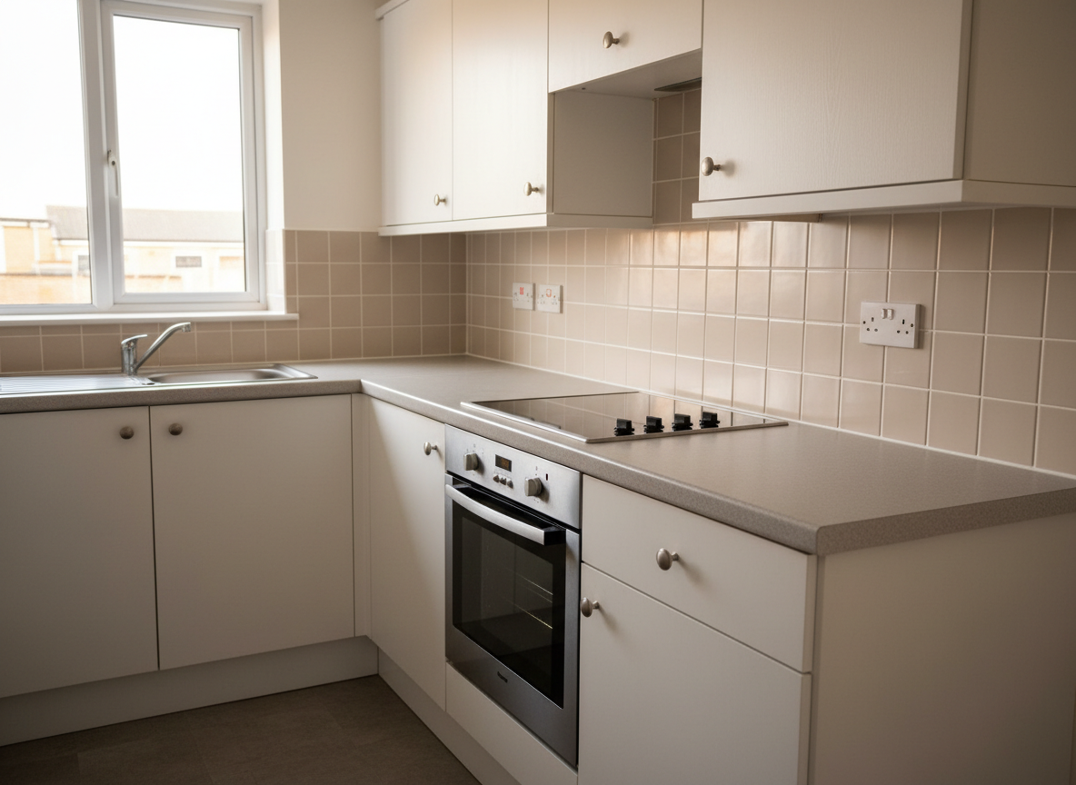 A compact kitchen in a supported housing setting, freshly cleaned and perfectly organised. Countertops are completely clear and shining, a stainless-steel sink is dry and streak-free, and white cupboard doors show no fingerprints or smudges. A simple electric hob and oven are spotless, with polished control knobs and a gleaming glass door. Neutral wall tiles appear evenly wiped and reflective. Captured in photographic realism from a three-quarter angle, with soft, natural afternoon light filtering in from a side window, creating a warm yet professional feel. The composition follows the rule of thirds, with tidy work surfaces leading the eye through the space, conveying reliability and care.