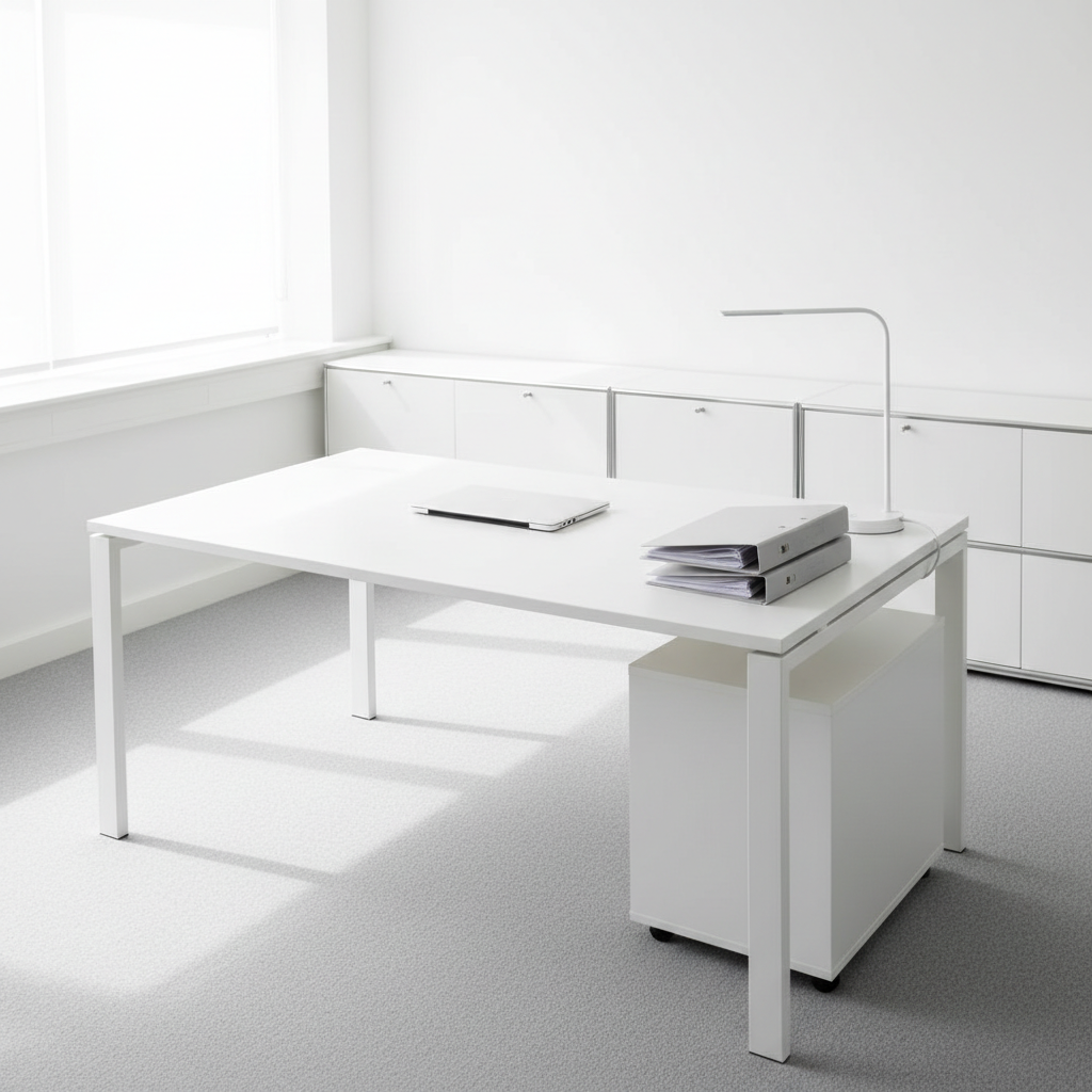 A professionally cleaned office space in Carlisle, Cumbria, featuring an uncluttered white desk with a closed, logo-free laptop, a small stack of neatly aligned folders, and a dust-free desk lamp. The carpet appears freshly vacuumed with subtle, uniform lines, and low storage units are free of fingerprints and smudges. Large windows off-frame provide bright, diffused daylight that washes evenly across the surfaces, creating soft, natural shadows. Photographic realism, shot at a slightly elevated angle with a wide composition, keeping everything in crisp focus. The overall atmosphere is professional, organised, and efficient, showcasing high-quality commercial cleaning suitable for local businesses.