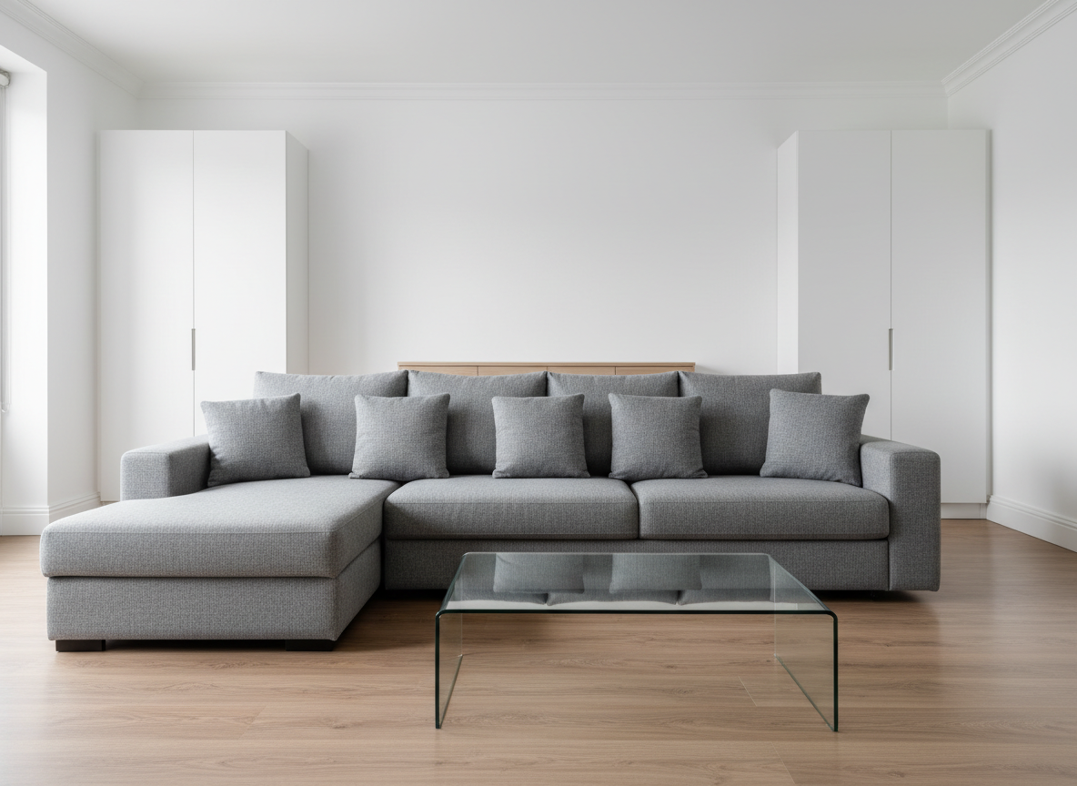 A spotless, modern living room after a professional clean, with crisp white skirting boards, gleaming wood-effect flooring, and a perfectly ordered grey fabric sofa with neatly arranged cushions. A low glass coffee table is free of dust and clutter, reflecting soft daylight from a large unseen window. In the background, a tidy console unit and closed storage show no visible items. Photographic realism with a clean, modern aesthetic, shot at eye-level with a wide lens, sharp focus throughout. Soft, diffused natural light creates gentle shadows and subtle highlights, giving an atmosphere of calm reliability, order, and meticulous attention to detail.