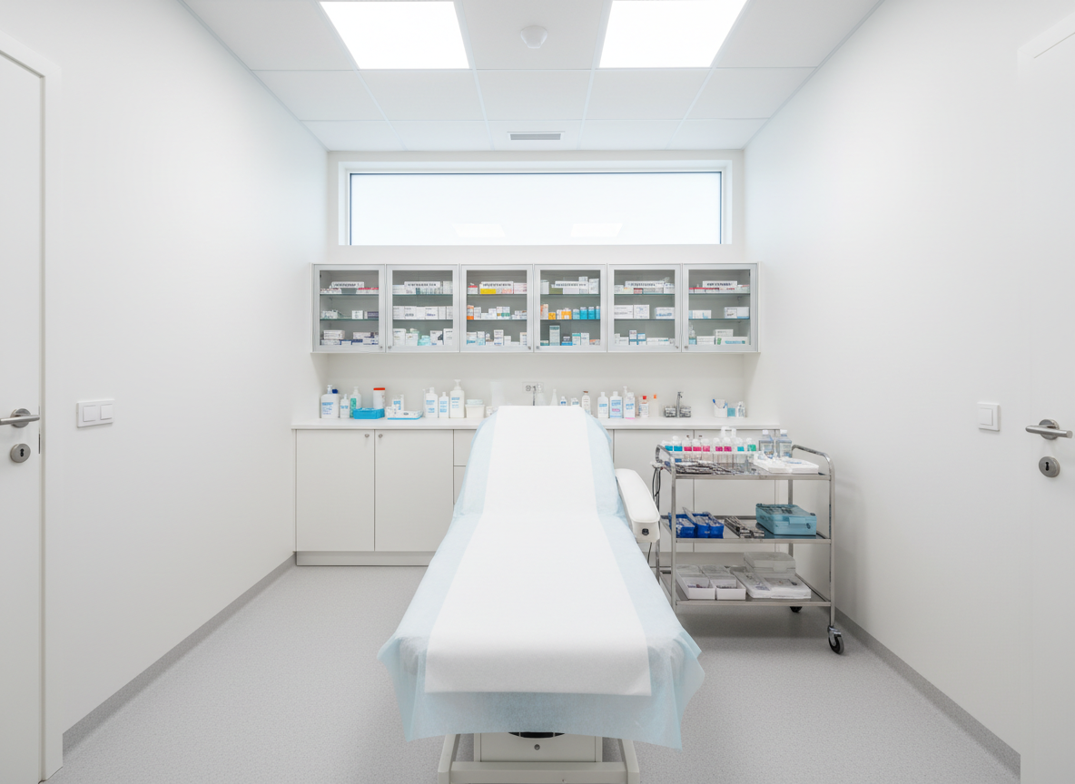 An immaculate, hygienic clinical treatment room just after a thorough professional clean, with a pristine white examination couch, disinfected stainless-steel trolley surfaces, and neatly aligned, clearly labeled storage cabinets. The vinyl flooring has a gentle sheen with no marks or streaks, and touchpoints like door handles and light switches appear carefully sanitised. Cool, bright overhead lighting mixes with soft daylight from a high frosted window, creating even illumination and minimal shadows. Photographic realism, shot from a slightly elevated angle with sharp focus and symmetrical composition, emphasising cleanliness, safety, and clinical standards suitable for health and social care settings.
