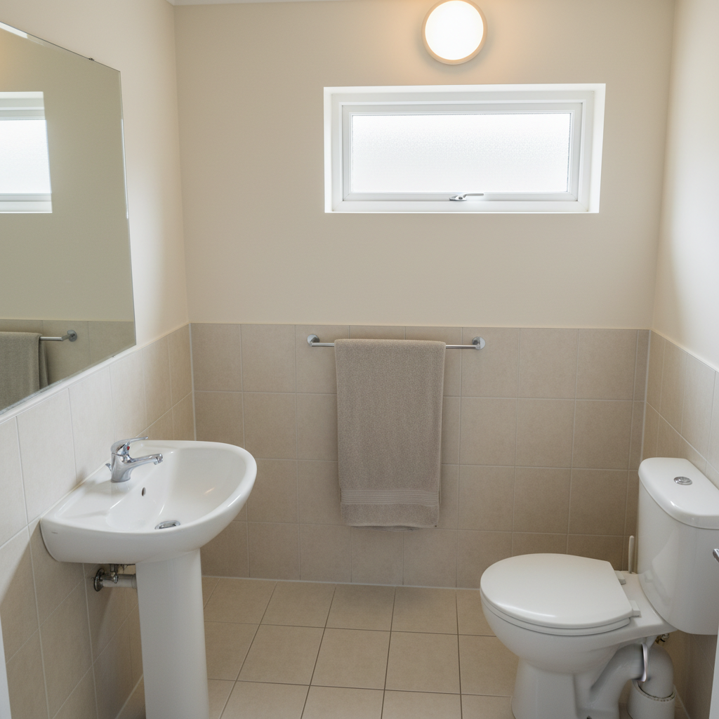 An overhead, photographic view of a tidy, freshly sanitised bathroom in a small residential or supported housing property. A white ceramic basin and chrome tap are completely free of water spots, the mirror is flawless without streaks, and the toilet exterior is perfectly clean with closed lid. Light-coloured tiles and grout look refreshed and uniformly bright. A folded, neutral-toned towel sits precisely aligned on a rail. Soft, diffused natural light from a frosted window and a warm ceiling light combine to brighten the space. The mood is hygienic and reassuring, with a minimalist, uncluttered composition that underlines professionalism and meticulous care.