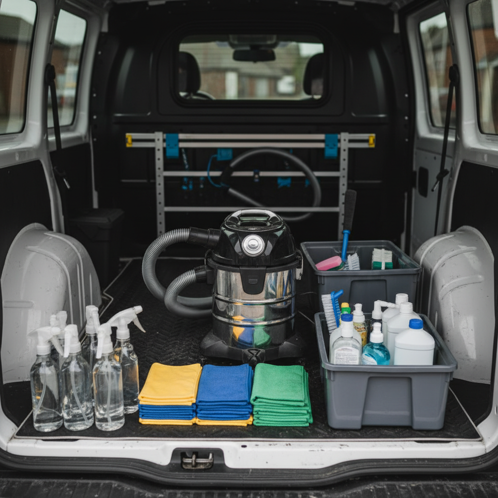 A close-up, detailed photographic image of professional cleaning equipment neatly arranged in the back of a vehicle, ready for service in Carlisle, Cumbria. Label-free spray bottles with clear liquids, colour-coded microfiber cloths stacked in crisp piles, a closed, scuff-free vacuum cleaner, and organized caddies with brushes and non-branded cleaning solutions all appear clean and well-maintained. The vehicle’s interior is spotless, with rubber matting and secure storage brackets. Soft daylight enters from the open rear doors, creating natural highlights on plastic and metal surfaces. Photographic realism, shot from a slightly elevated angle with shallow depth of field, focusing on the meticulous organisation that reflects reliability and 15+ years of professional experience.