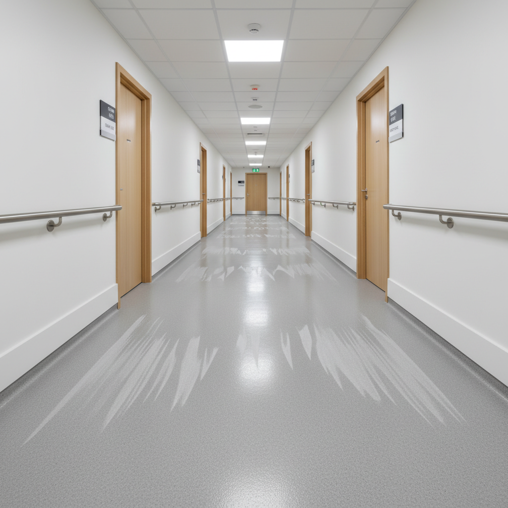 A corridor in a supported housing or care facility, showcasing freshly mopped, low-sheen safety flooring, perfectly dust-free skirting boards, and neatly wiped, smudge-free handrails running along the wall. Doors to individual rooms are uniformly clean with polished handles and clear signage. Overhead LED lighting provides bright, even illumination, with subtle reflections along the floor emphasising cleanliness and order. Photographic realism from a central, eye-level perspective, using a deep depth of field to keep the entire hallway in sharp focus. The atmosphere is reassuring, safe, and professional, highlighting consistent, high-standard cleaning in health and social care environments.