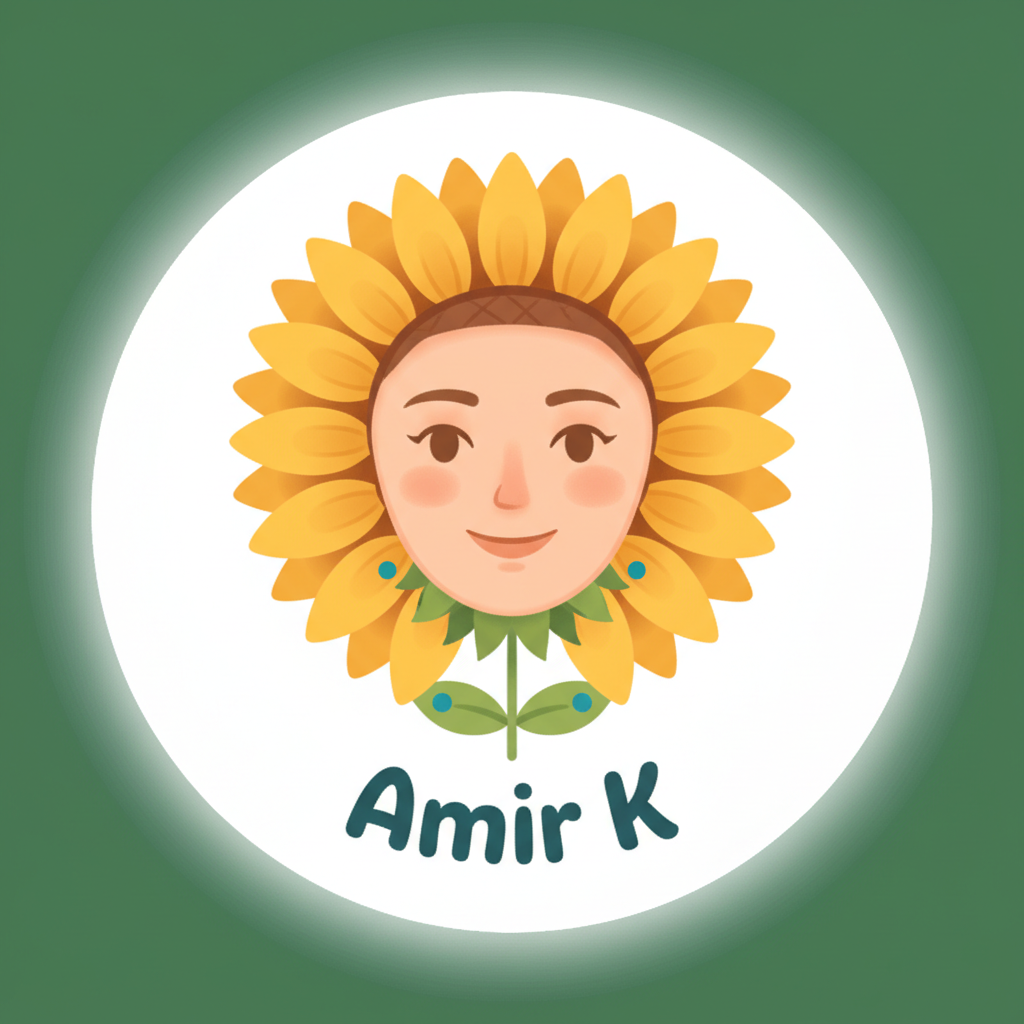 sunflower-themed avatar illustration on a clean, light background, friendly style, suitable as a circular testimonial avatar for Amir K that will be cropped to a circle, colours that sit well on a mostly white site with teal accent