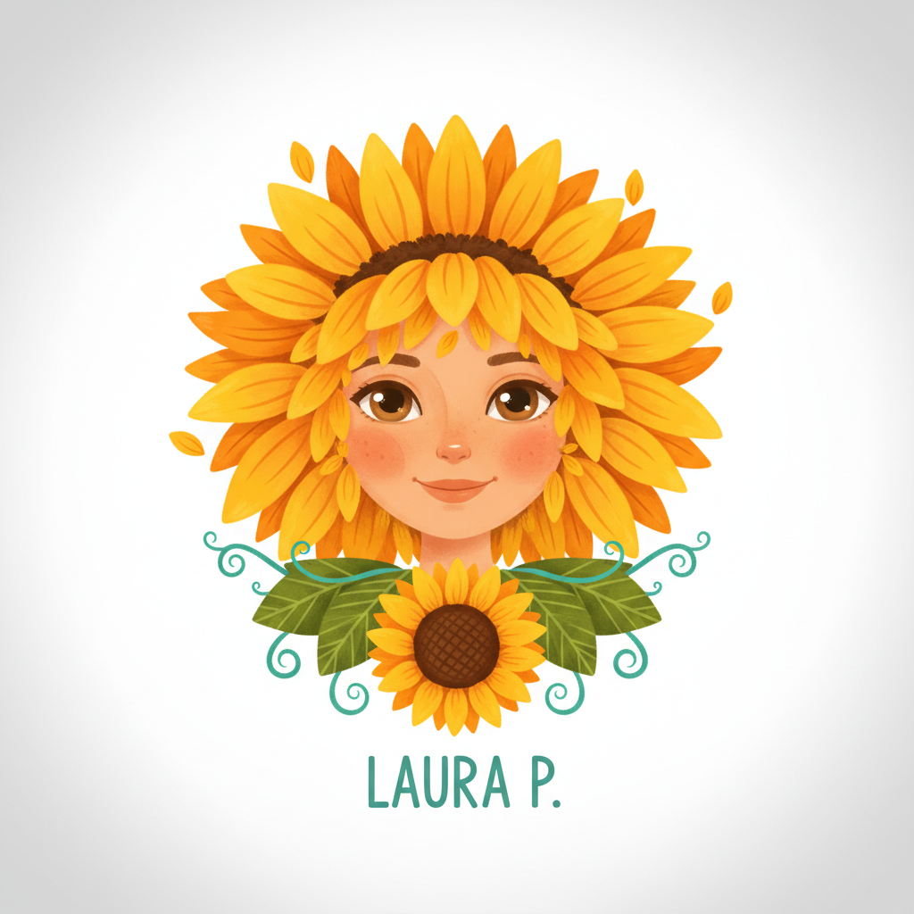 sunflower-themed avatar illustration on a clean, light background, friendly style, suitable as a circular testimonial avatar for Laura P that will be cropped to a circle, colours that sit well on a mostly white site with teal accent
