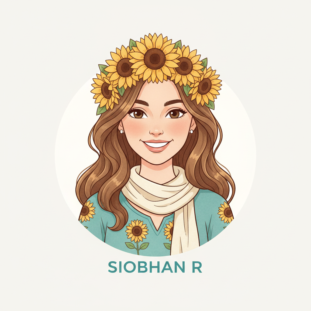 sunflower-themed avatar illustration on a clean, light background, friendly style, suitable as a circular testimonial avatar for Siobhan R that will be cropped to a circle, colours that sit well on a mostly white site with teal accent