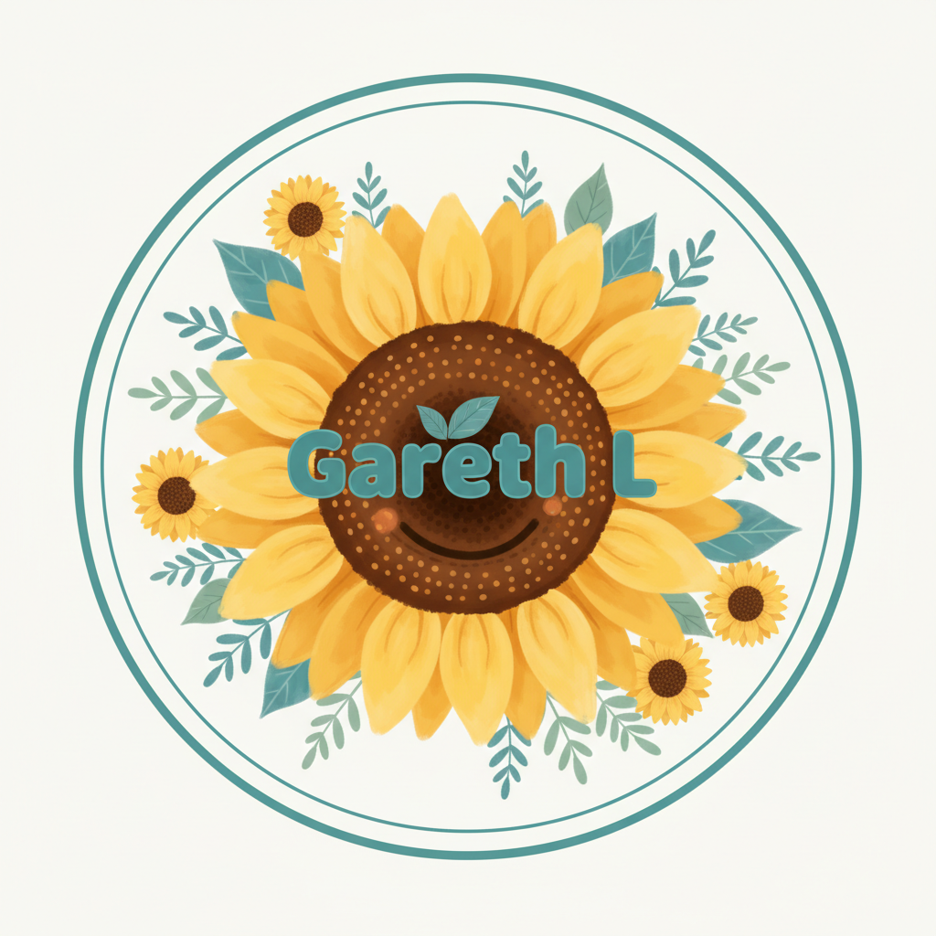 sunflower-themed avatar illustration on a clean, light background, friendly style, suitable as a circular testimonial avatar for Gareth L that will be cropped to a circle, colours that sit well on a mostly white site with teal accent